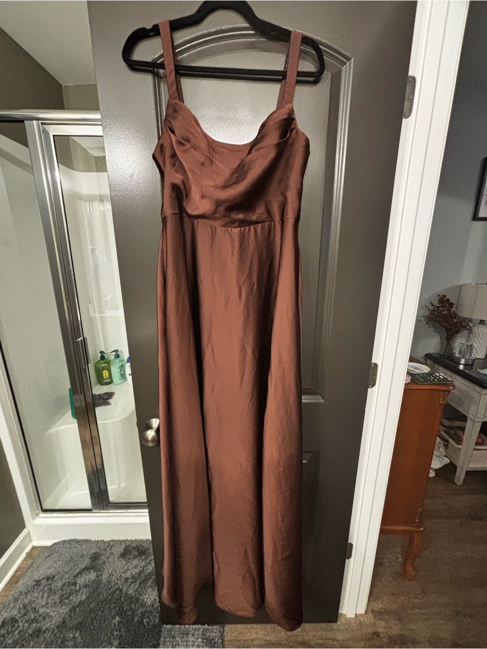 Azazie Satin Cowl Neck Maxi Dress in ganache